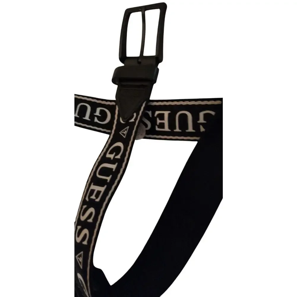 GUESS Sport Men's Adjustable Webbing Belt - Black Logo Print - Size Large